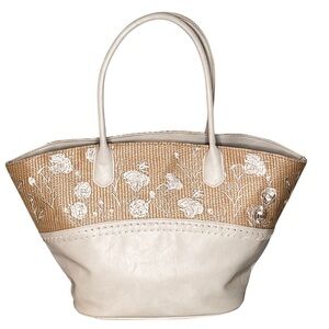 The Pioneer Woman Raffia Woven Large Ivory Tote Bag with Floral Embroidery